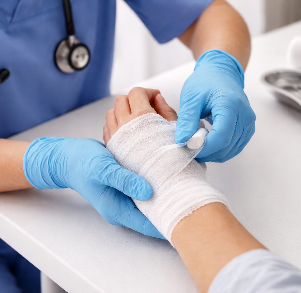 Asistentă medicală aplică un pansament steril pe mâna unui pacient
